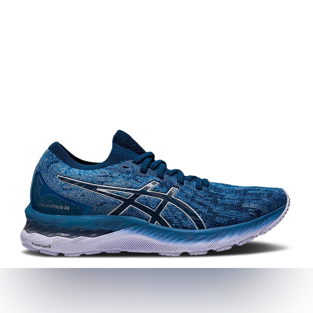 NWT Asics Women's Gel-Nimbus 23 Knit Sneaker Grey Floss/Mako Blue Size 7.5